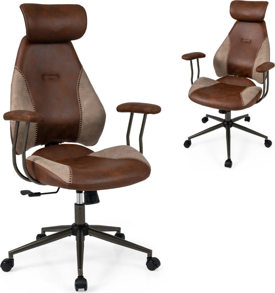 Cadeira ergonómica de escritório em tecido camurça com apoio para a cabeça 2D, encosto basculante, giratória e ajustável com rodas, castanha