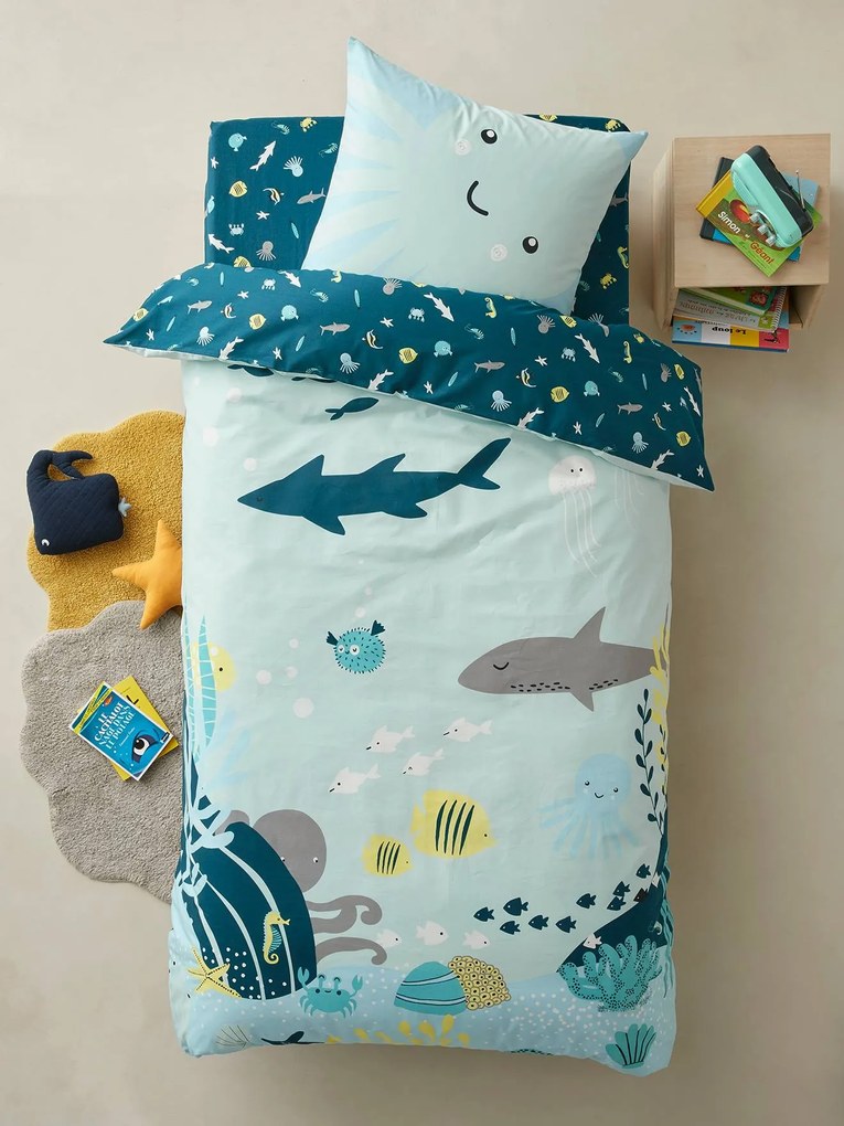 Oferta do IVA - Conjunto capa de edredon + fronha de almofada, para criança, tema Fundo do Mar azul claro liso com motivo