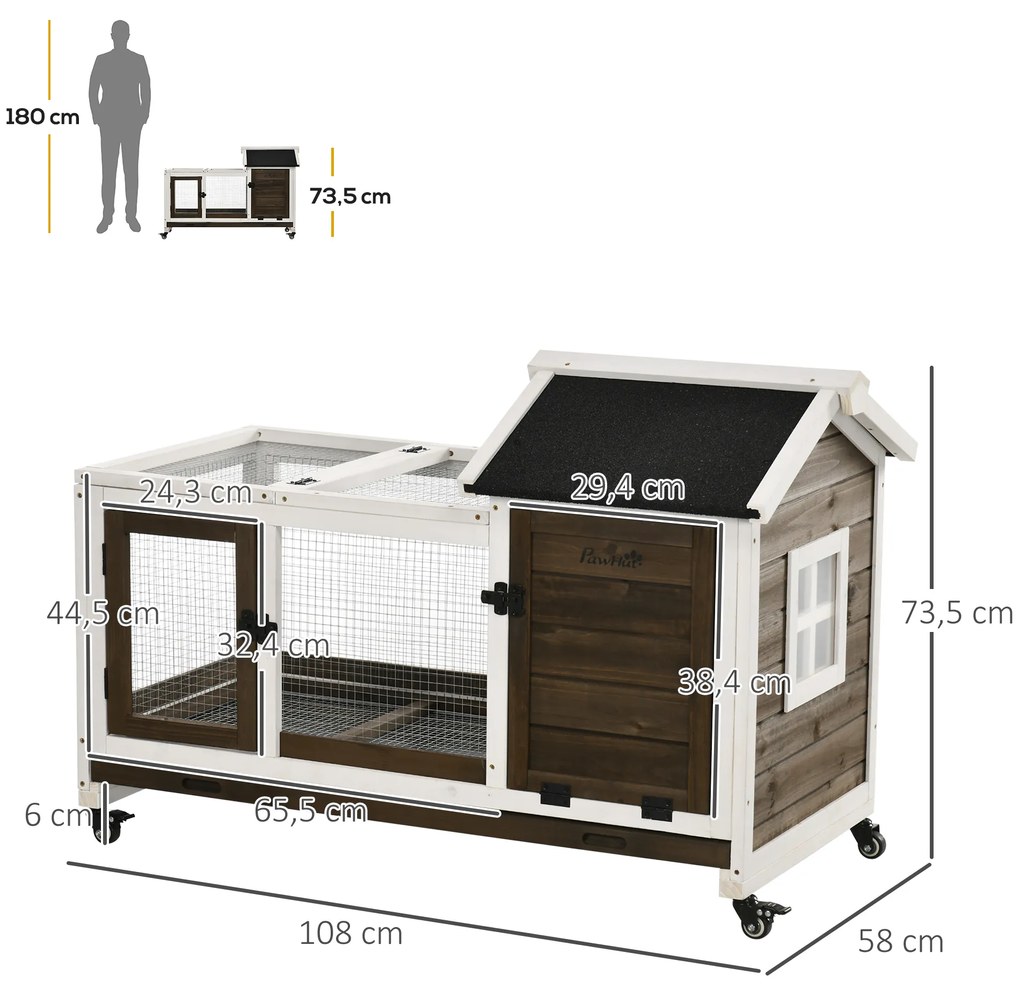 PawHut Coelheira de Madeira com Rodas 108x58x73,5cm Gaiola para 1-2 Coelhos com Teto Abatível Cerca Metálica Bandeja Amovível Portas com Trava e Rampa Marrom Café e Branco
