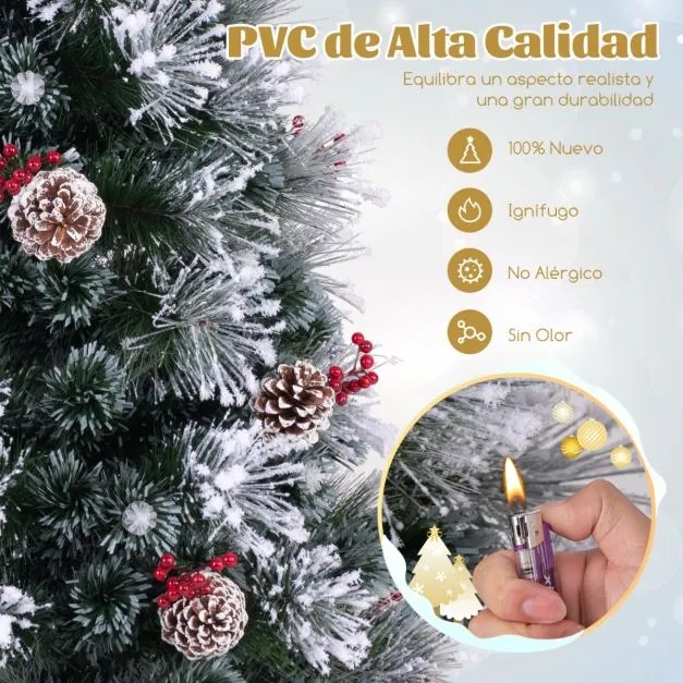 Árvore de Natal Com Neve Artificial de 150 cm com 170 ramos Fibras ópticas 49 luzes LED Agulhas de pinheiro 18 cachos de bagas vermelhas 18 pinhas