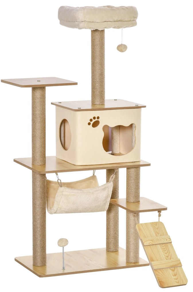 PawHut Árvore Arranhadora para Gatos Torre de Escalada com Plataformas Rede Escada Caverna Postes para Arranhar de Juta Bola Supensa e Descanso 60x40x130cm Bege