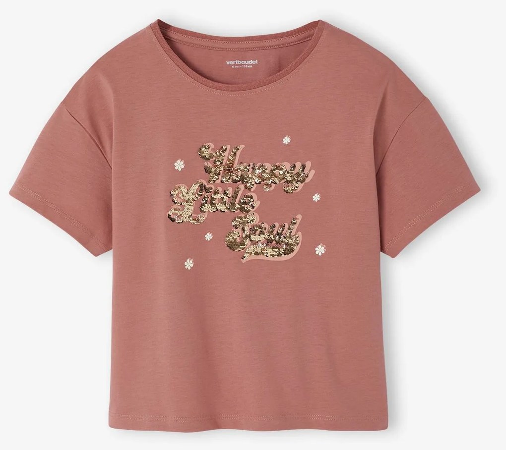 T-shirt com lantejoulas reversíveis e mangas curtas, para menina pau-rosa