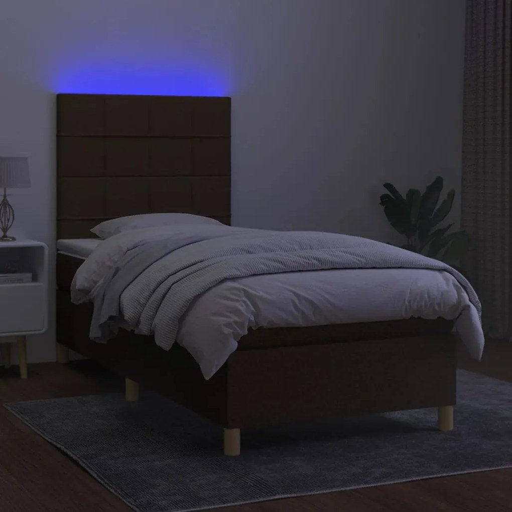 Cama box spring c/ colchão/LED 90x190 cm tecido castanho-escuro