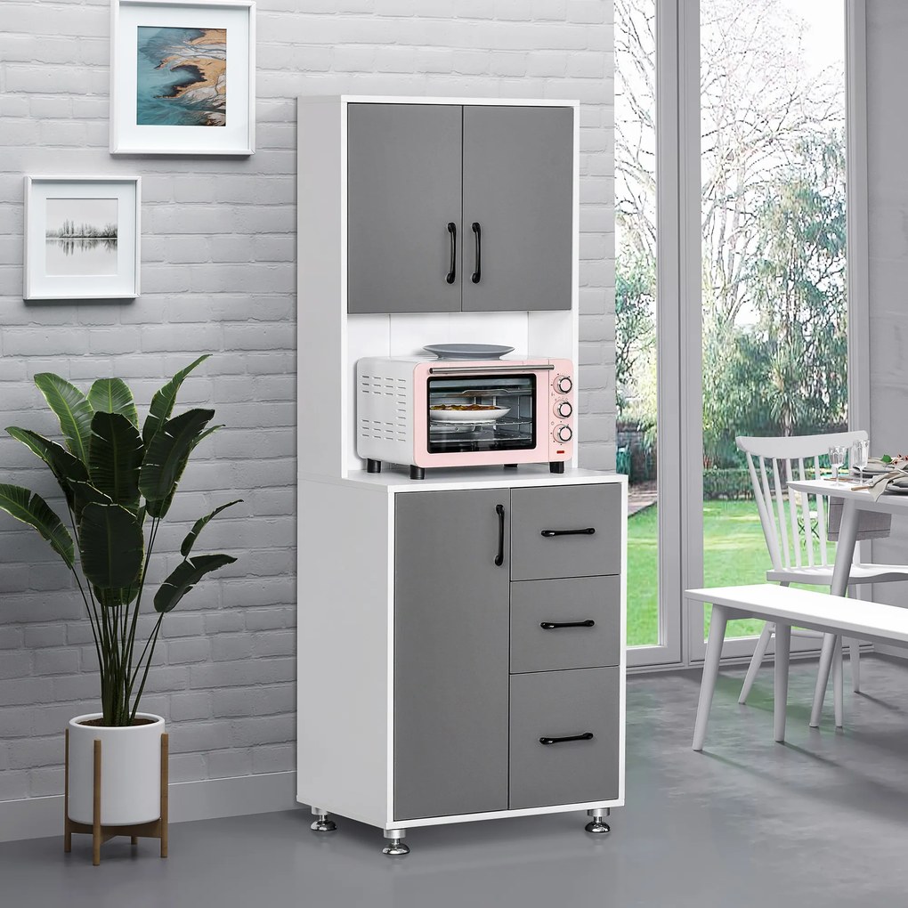 Armário alto de cozinha com 3 portas, 3 gavetas e bancada 60 x 40 x 160 cm, cinzento