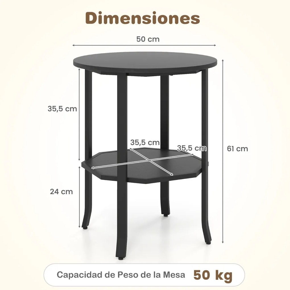 Mesa Apoio Redonda 50 x 50 x 61 cm de 2 Níveis Industrial com Prateleira de Armazenamento e Estrutura Metálica Preto