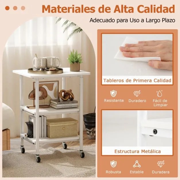 Suporte para impressora 49 x 40 x 65-77 cm de 3 níveis com 2 alturas ajustáveis com Prateleiras de armazenamento Rodas universais bloqueáveis Branco
