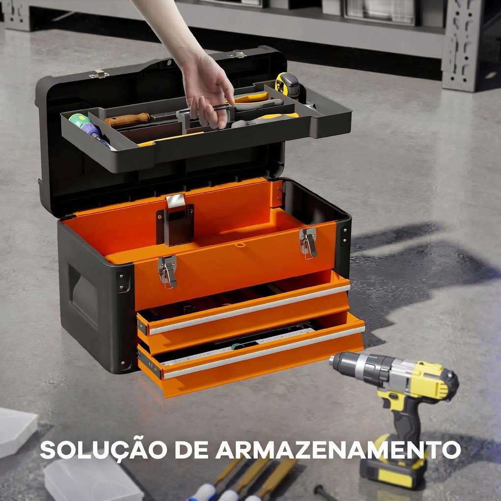 Mala de Ferramentas Resistente com 2 Gavetas e Asa de Transporte, Laranja