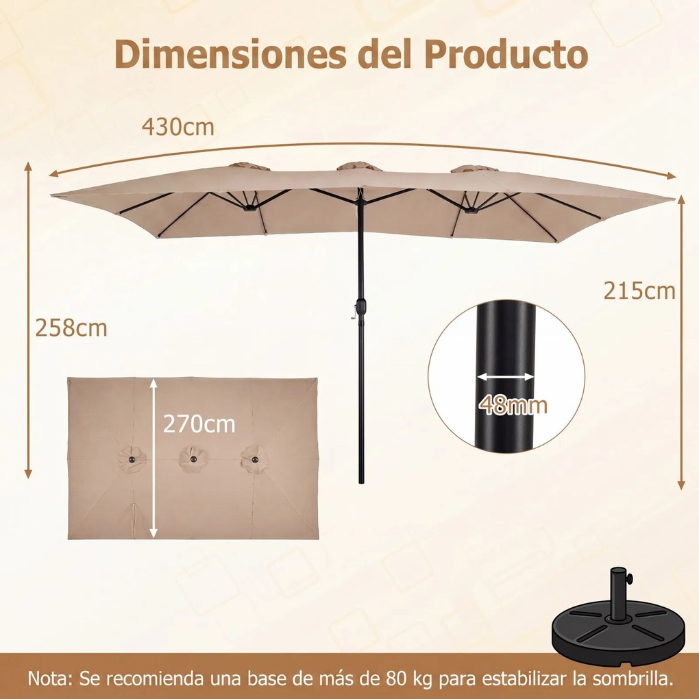 Guarda sol Duplo para Jardim, 430 x 276 x 260 cm (BASE NÃO INCLUIDA), Abertura com Manivela, Caqui