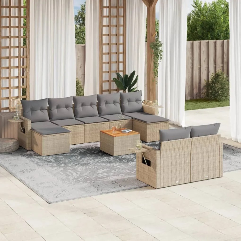vidaXL 10 pcs conjunto de sofás p/ jardim com almofadões vime PE bege