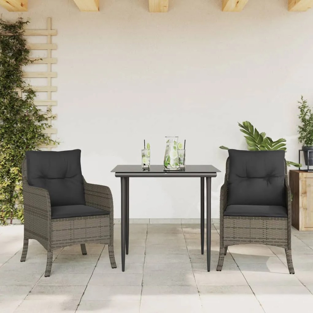 3 pcs conjunto de jantar p/ jardim c/ almofadões vime PE cinza