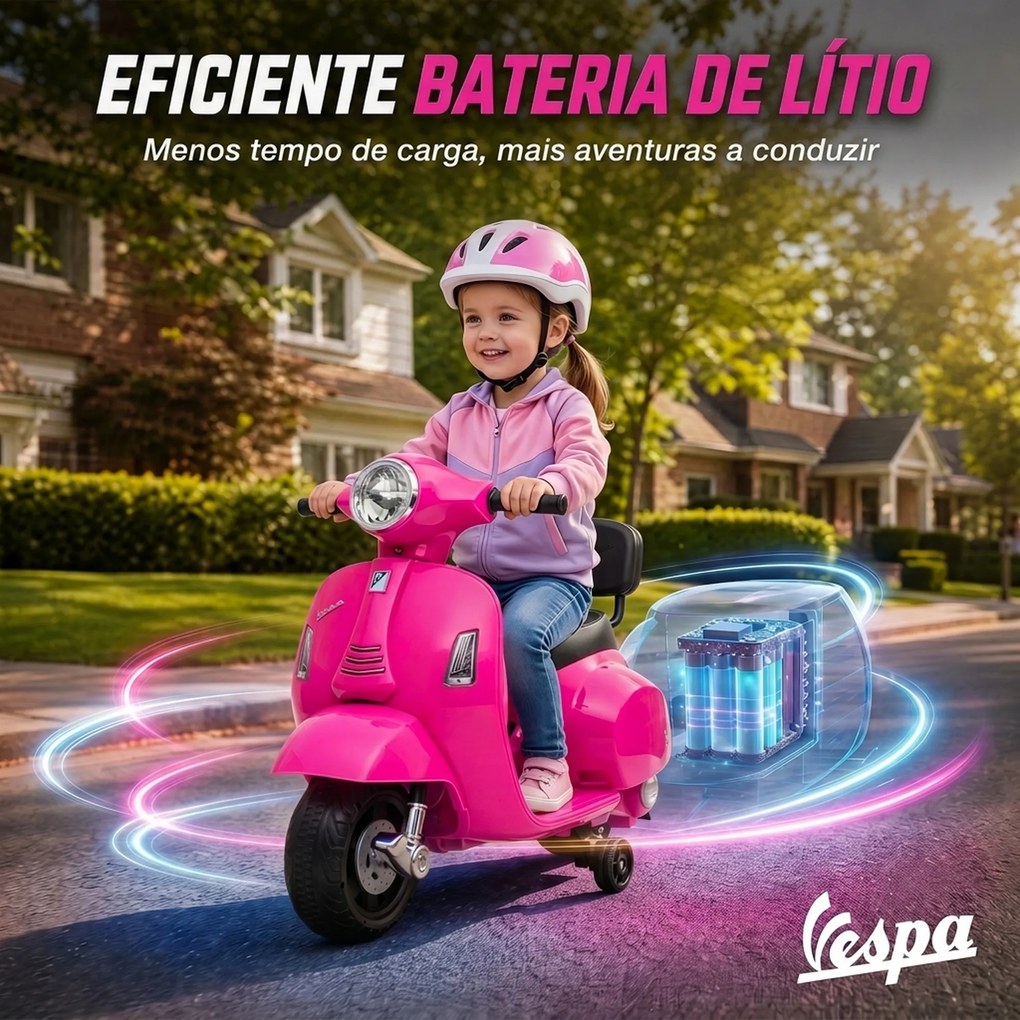 Mota Elétrica Infantil 6V para crianças 18-36 meses com Licença Mini Vespa GTS, 2 Rodas Auxiliares, Bateria de Lítio, Farol, Buzina, Encosto, Rosa