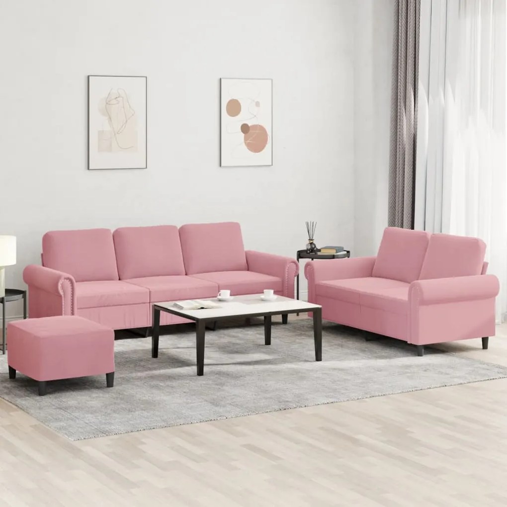 vidaXL 3 pcs conjunto de sofás com almofadões veludo rosa
