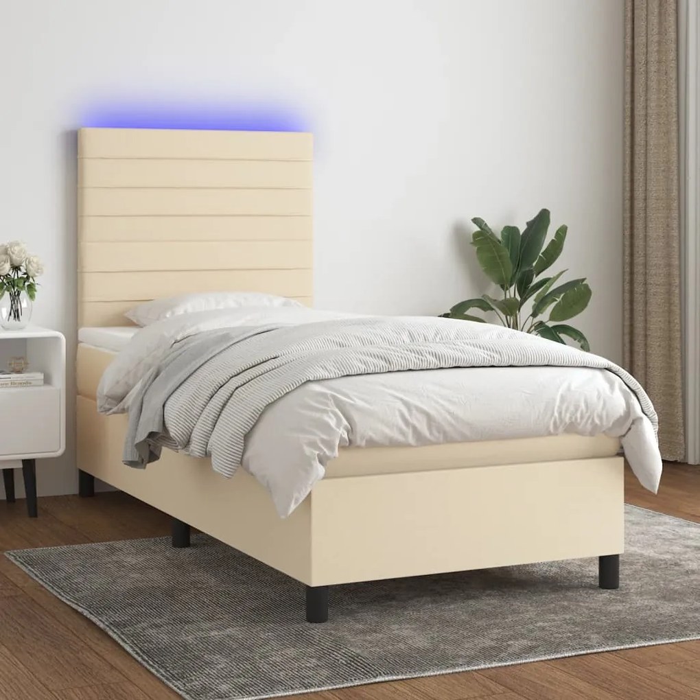 Cama box spring c/ colchão e LED 100x200 cm tecido cor creme