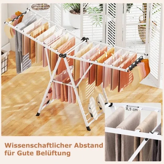Estendal dobrável com braços ajustáveis 184 x 56 x 99–168 cm, pinças para meias e prateleira para sapatos, secador de roupa Branco