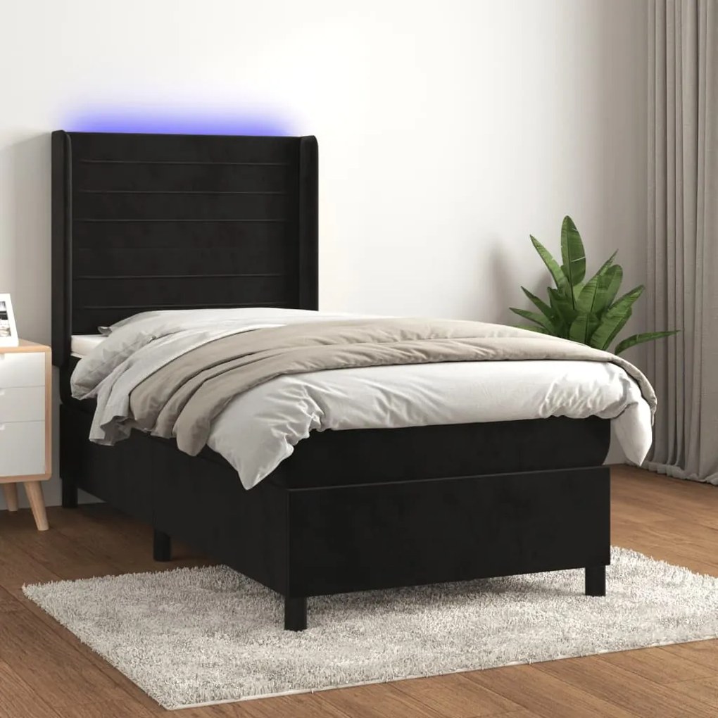 Cama box spring c/ colchão/LED 90x190 cm veludo preto