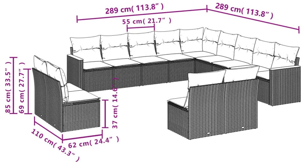 13 pcs conjunto de sofás de jardim com almofadões vime PE preto