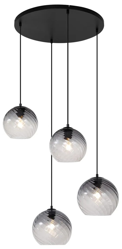 Candeeiro suspenso Art Deco preto com vidro fumado redondo 4 luzes - Bao