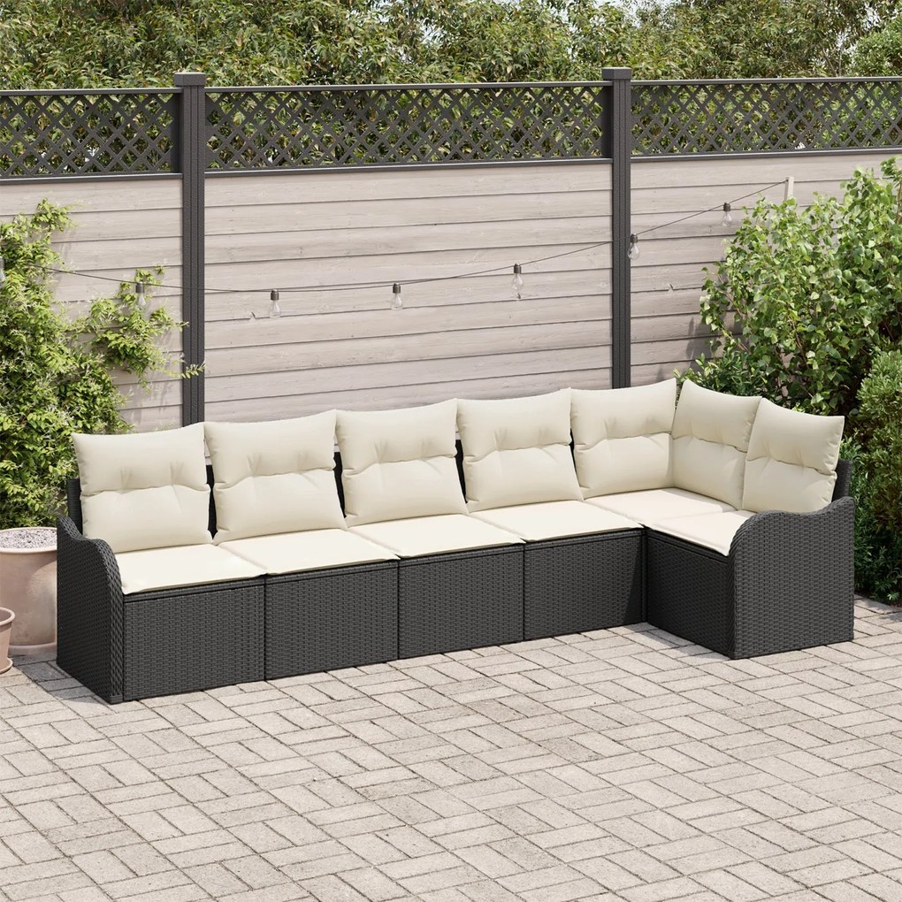Conjunto de Sofá de Jardim de 6 Peças com Almofadas Preto Rattan Polié