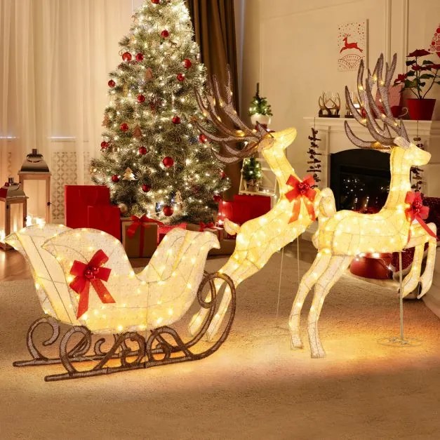 Renas LED com trenó natal com 280 luzes para decoração interna e externa com laços e bolas em branco quente