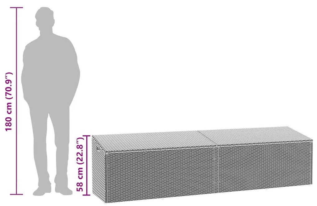 Caixa de arrumação para jardim 220x50x58 cm vime PE cinzento