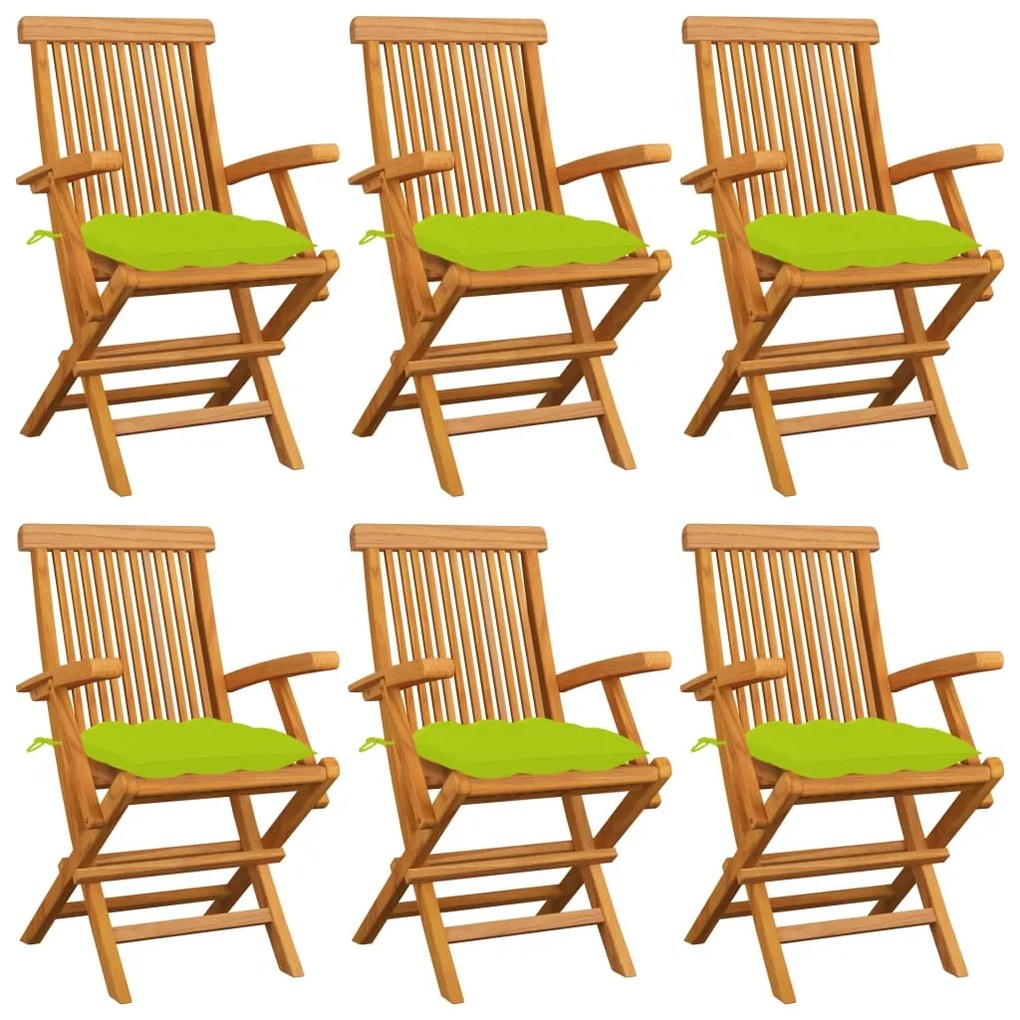 vidaXL Cadeiras jardim c/ almofadões verde brilhante 6 pcs teca maciça