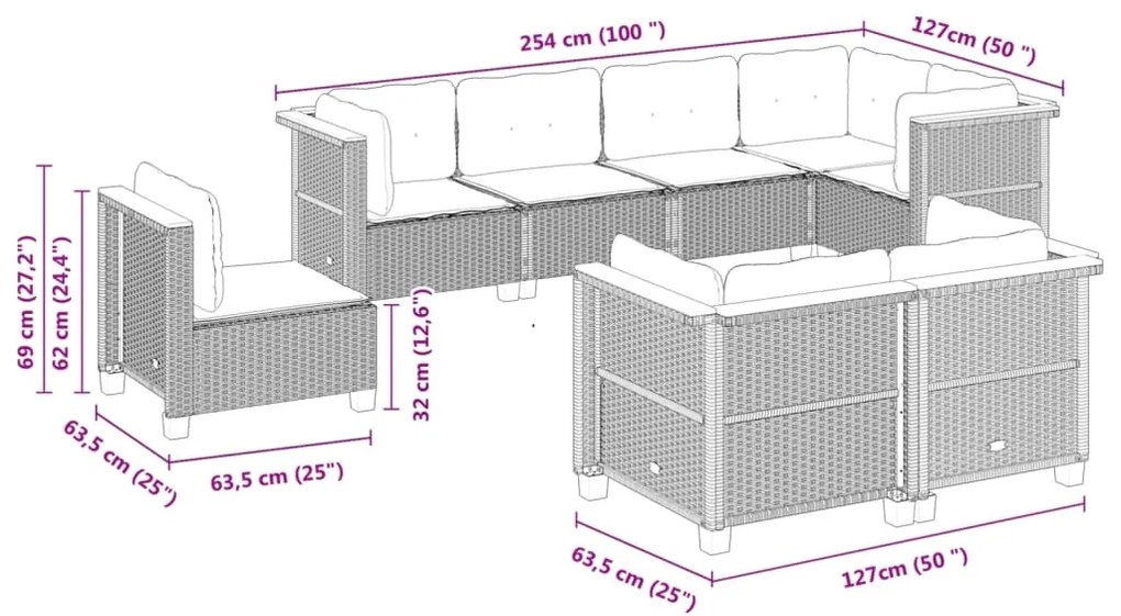 8 pcs conjunto sofás de jardim com almofadões vime PE preto