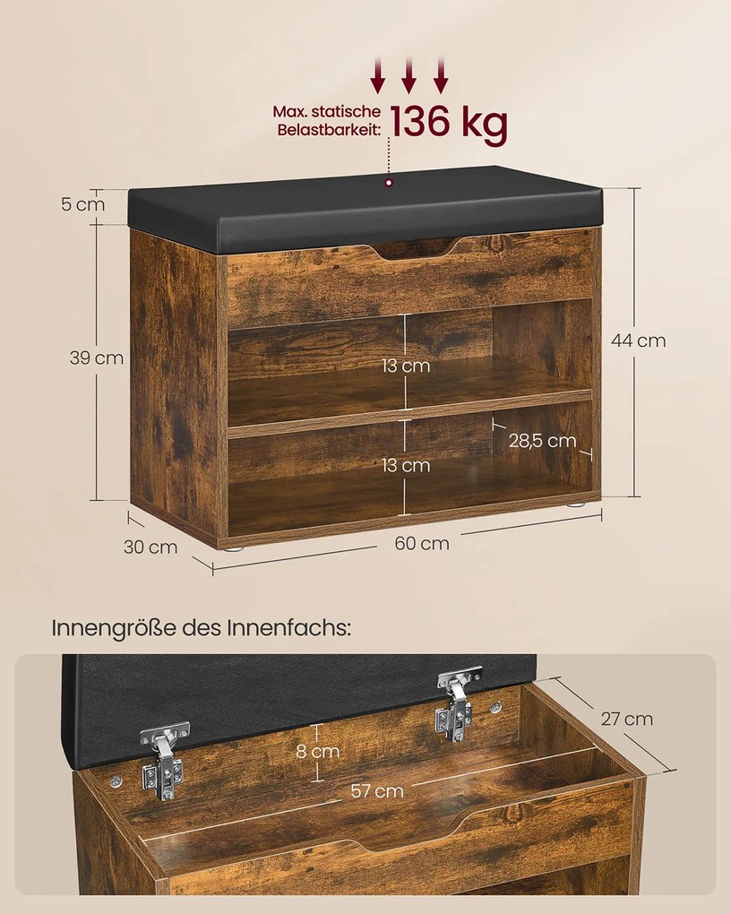 Banco para sapatos com 3 níveis 30 x 60 x 44 cm castanho vintage