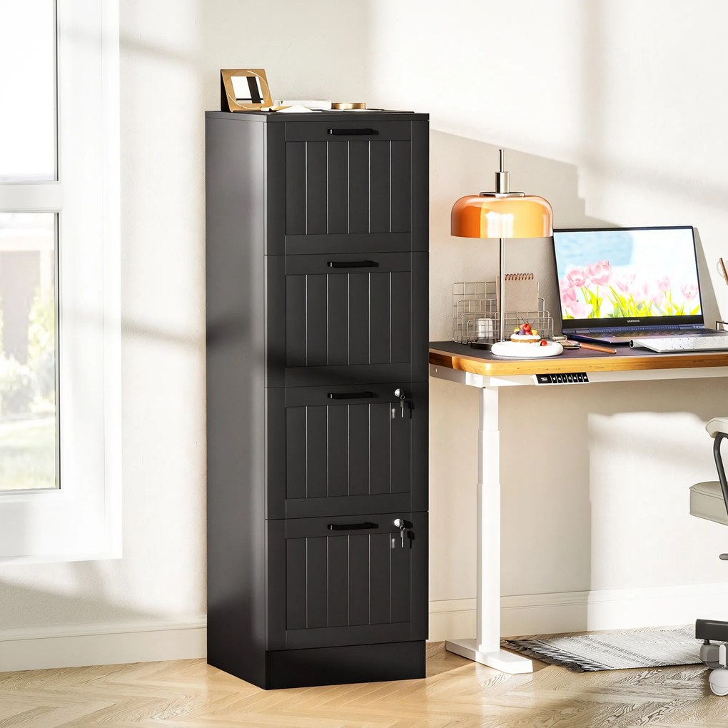 Bloco gavetas de escritório 40 x 40 x 131 cm, móvel de arrumação em madeira com 4 gavetas e fechadura, varas de suspensão ajustáveis, preto