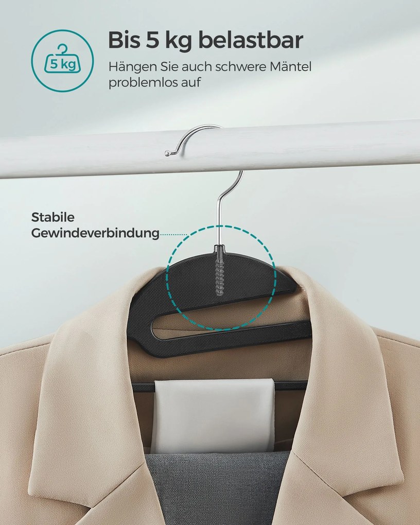 Conjunto 50 Cabides de plástico antiderrapante, compacto, preto