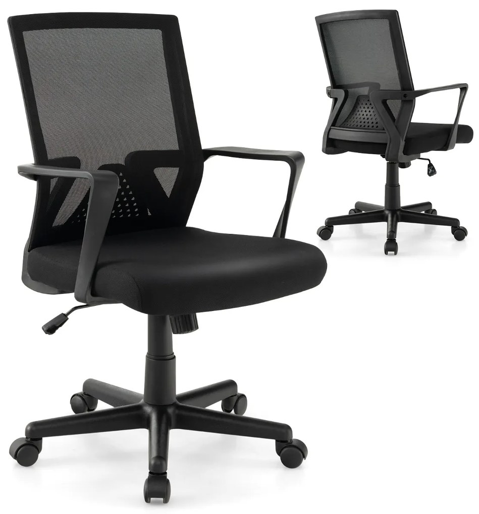 Cadeira de secretária ajustável em altura com 5 rodas e uma pequena cadeira de secretária com braços Carga 136 kg 61 x 61 x 89-99 cm Preto