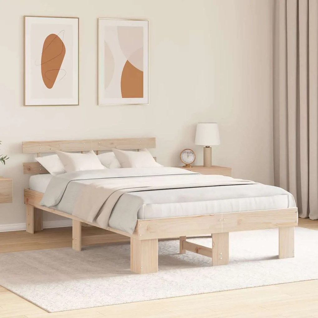 Estrado de Cama com Cabeceira 140x190 cm Madeira Sólida Pinho