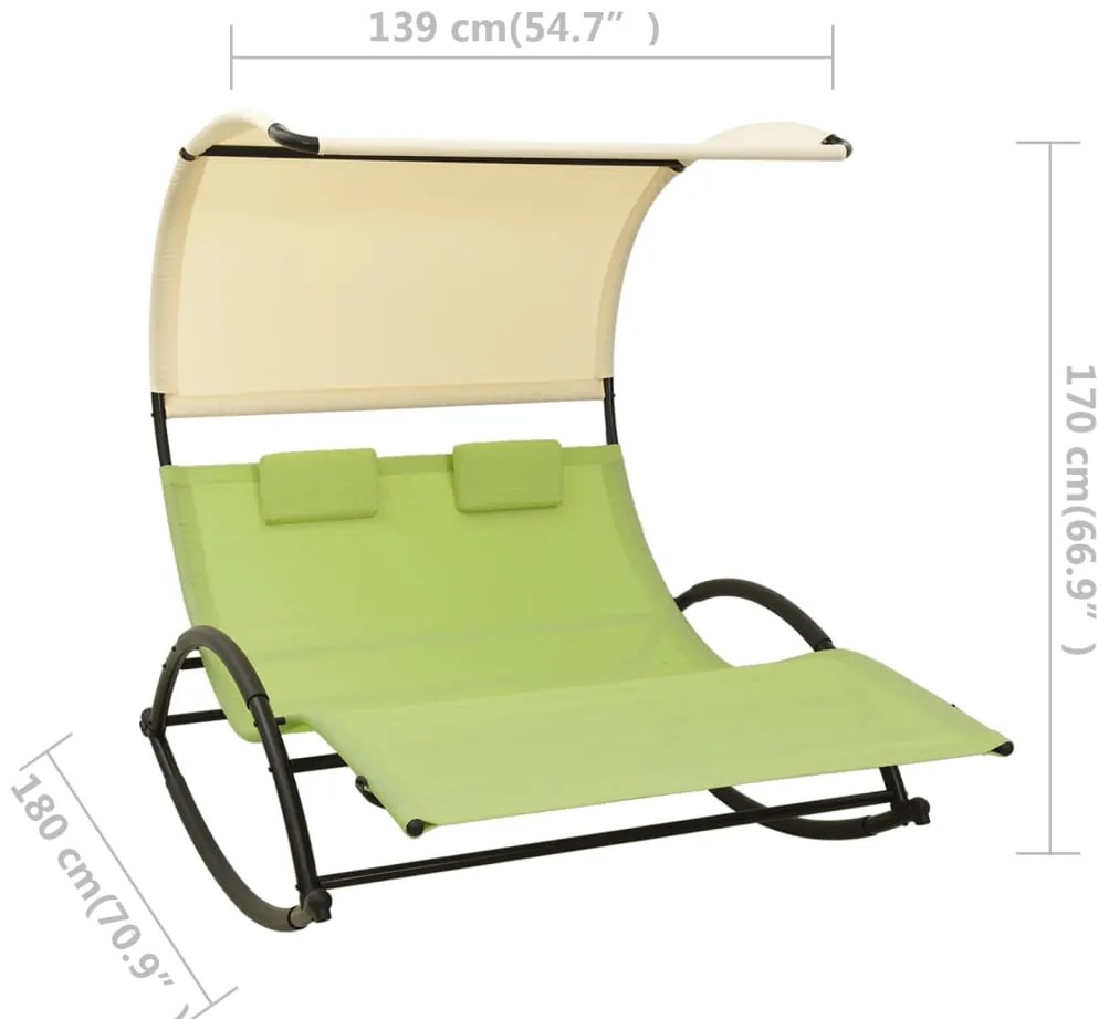 Espreguiçadeira dupla com toldo textilene verde e cor creme