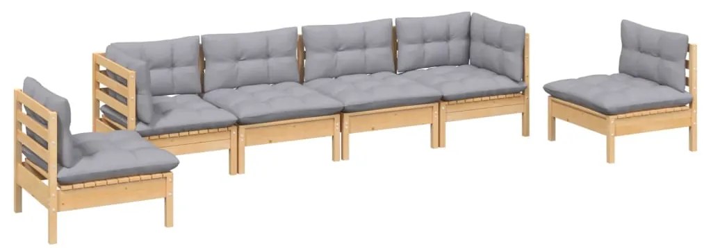 6 pcs conjunto lounge de jardim + almofadões cinza pinho maciço