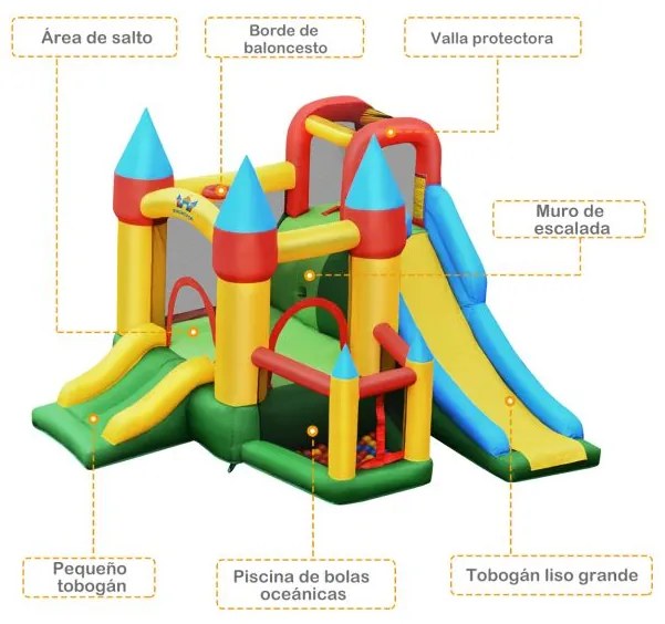 Castelo insuflável para crianças com compressor 680 W 2 escorregas Área de saltos Piscina com bolas 330 x 300 x 210 cm Multicolorido