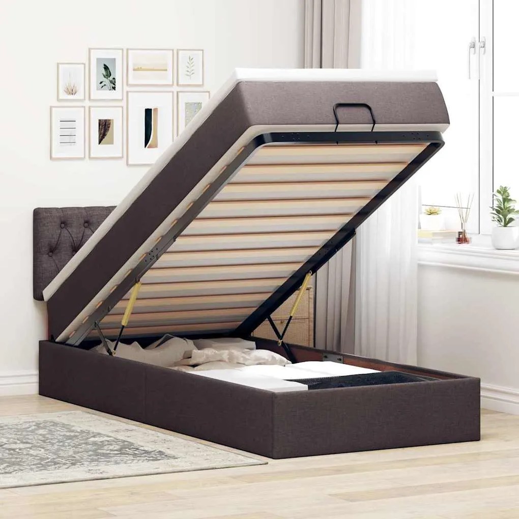 vidaXL Cama otomana com colchão 100x200 cm tecido castanho escuro