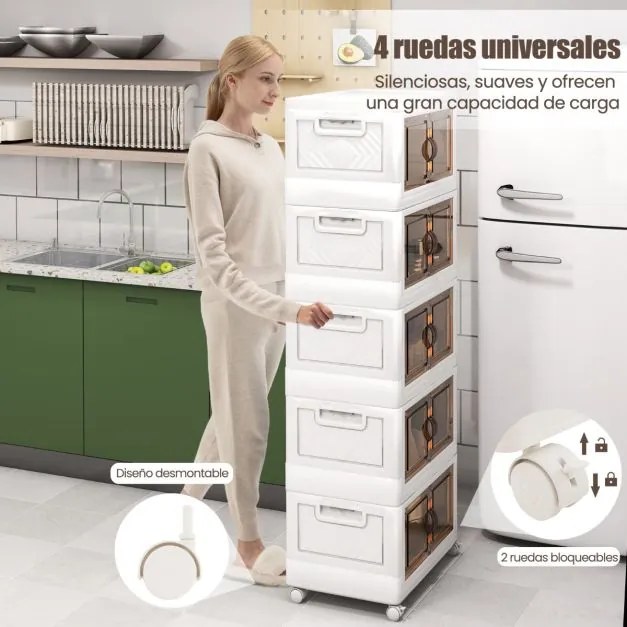 Conjunto de 5 caixas arrumação empilháveis com portas de rodas com fecho e tampas dobráveis em PP para o quarto 59,5 x 37,5 x 169 cm Branco
