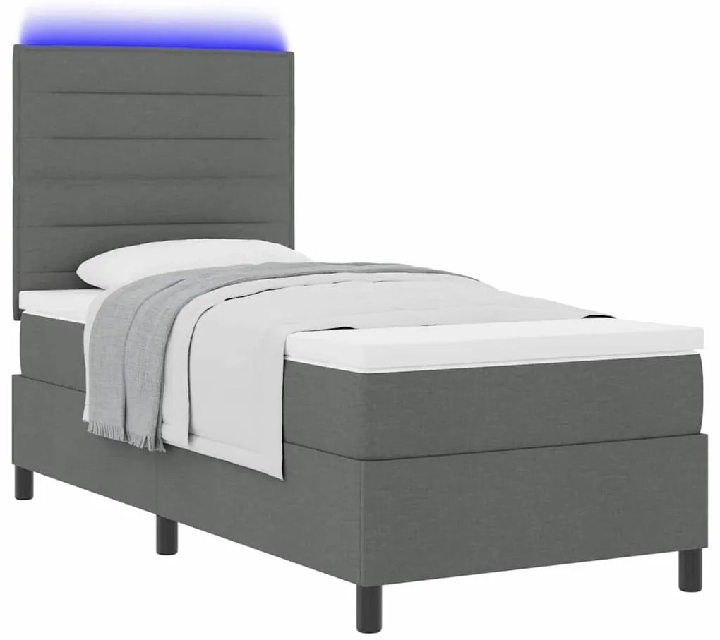 Cama box com colchão e LED em cinza escuro, 90 x 190 cm, tecido