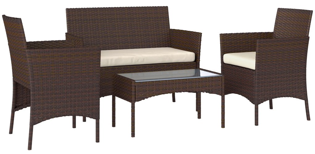 Outsunny Conjunto de Jardim em Vime com Almofadas Móveis de Exterior com 2 Poltronas Sofá de 2 Lugares Mesa com Vidro Marrom e Bege | Aosom Portugal
