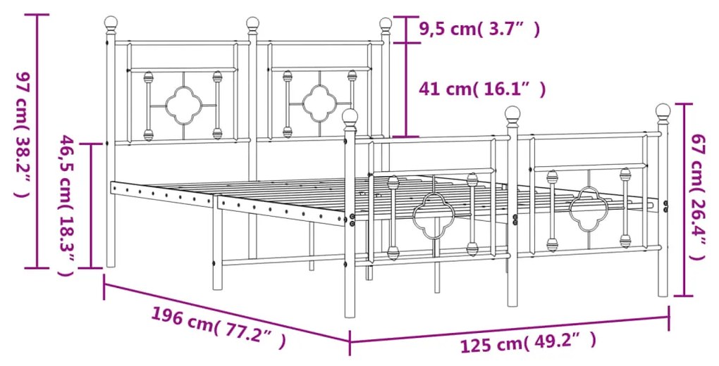 Estrutura de cama com cabeceira e pés 120x190 cm metal branco