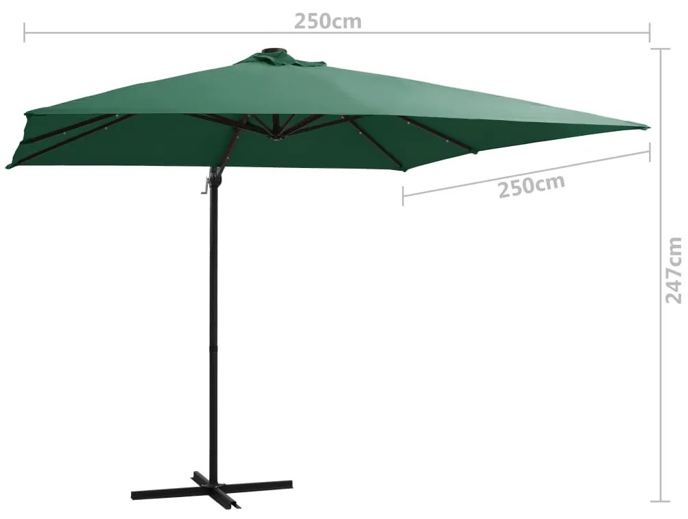 Guarda-sol cantilever c/ luzes LED e poste aço 250x250 cm verde