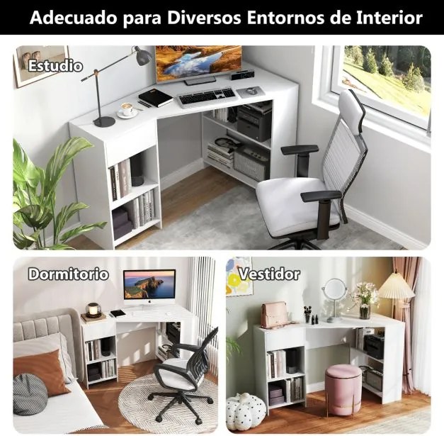 Secretária de computador de canto em forma de L 120 cm com gaveta e Estantes Branca