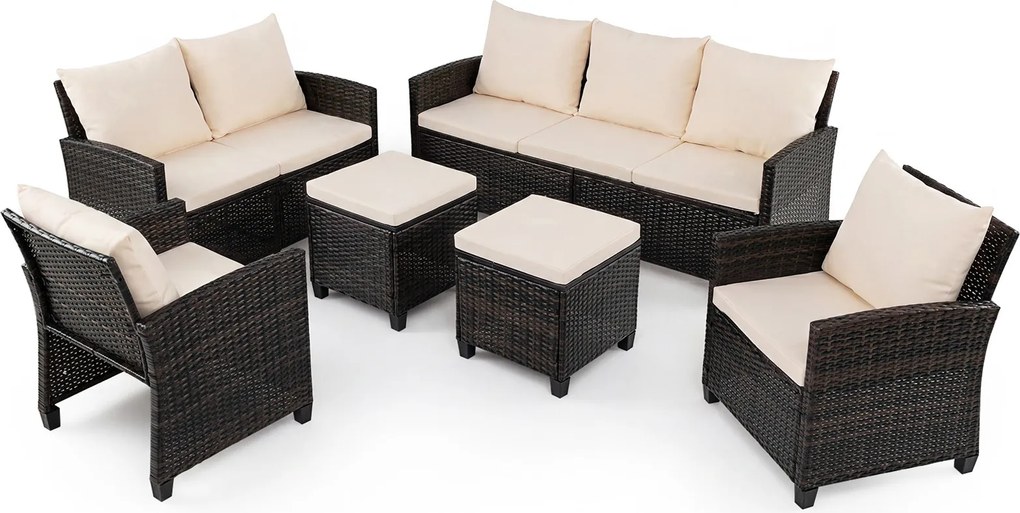 Conjunto de 6 Peças de Mobiliário de Jardim, 2 Sofás, 2 Poltronas e 2 Apoios de Pés, Almofadas Removíveis, Castanho e Bege