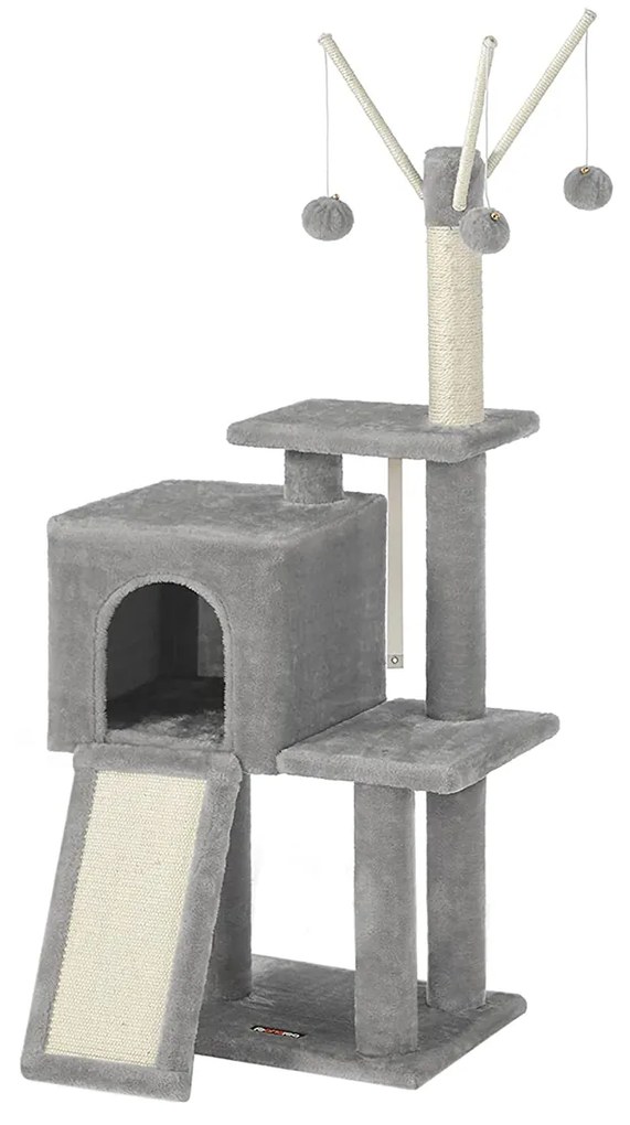 Arranhador para gatos com vários níveis, árvore para gatos com caverna 42 x 32 x 118 cm cinza claro