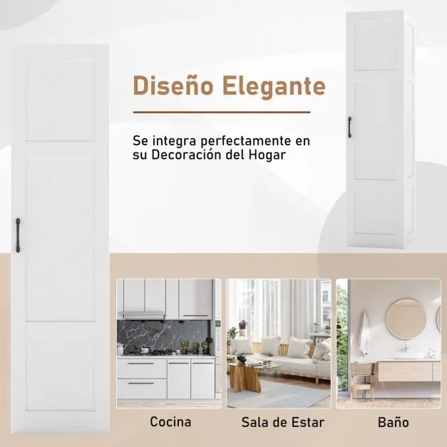 Armário alto de armazenamento 37,5 x 40 x 150 cm com 4 níveis e porta para cozinha ou sala de estar Branco
