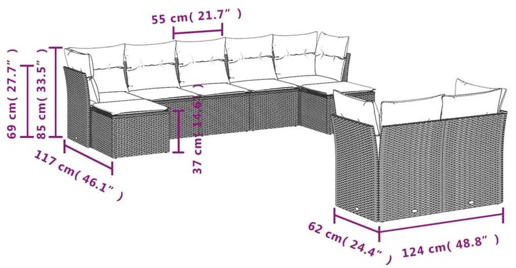 9 pcs conjunto sofás p/ jardim c/ almofadões vime PE castanho