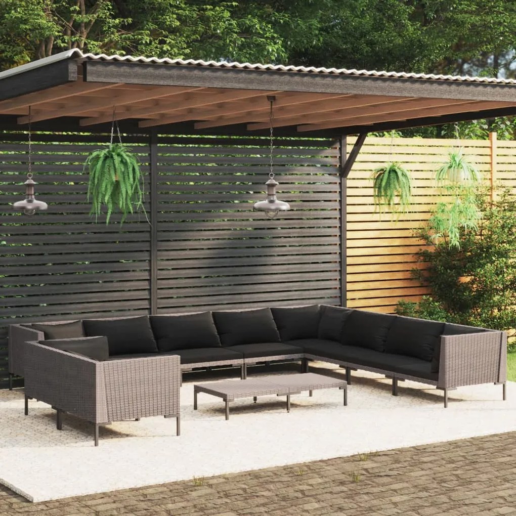 vidaXL 11 pcs conj. lounge jardim c/ almofadões vime PE cinza-escuro