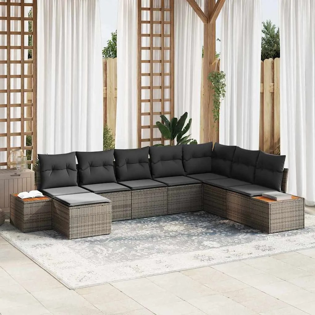 vidaXL Conjunto de Sofá de Jardim com 8 Peças e Almofadas Cinzas de Rattan em Poliéster Acácia