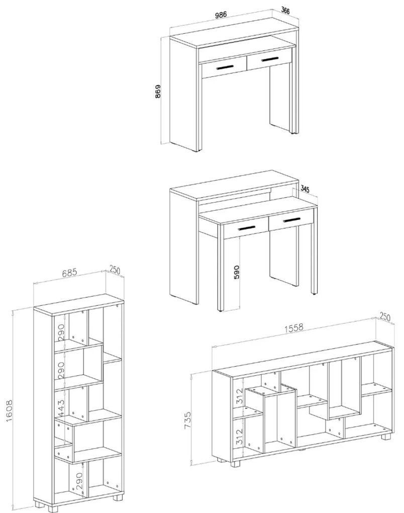 Conjunto Secretária extensível- Estante de livros de cor branca. Secretária 98,6x86,9x36- 70cm Estante: 68,5x161x25cm