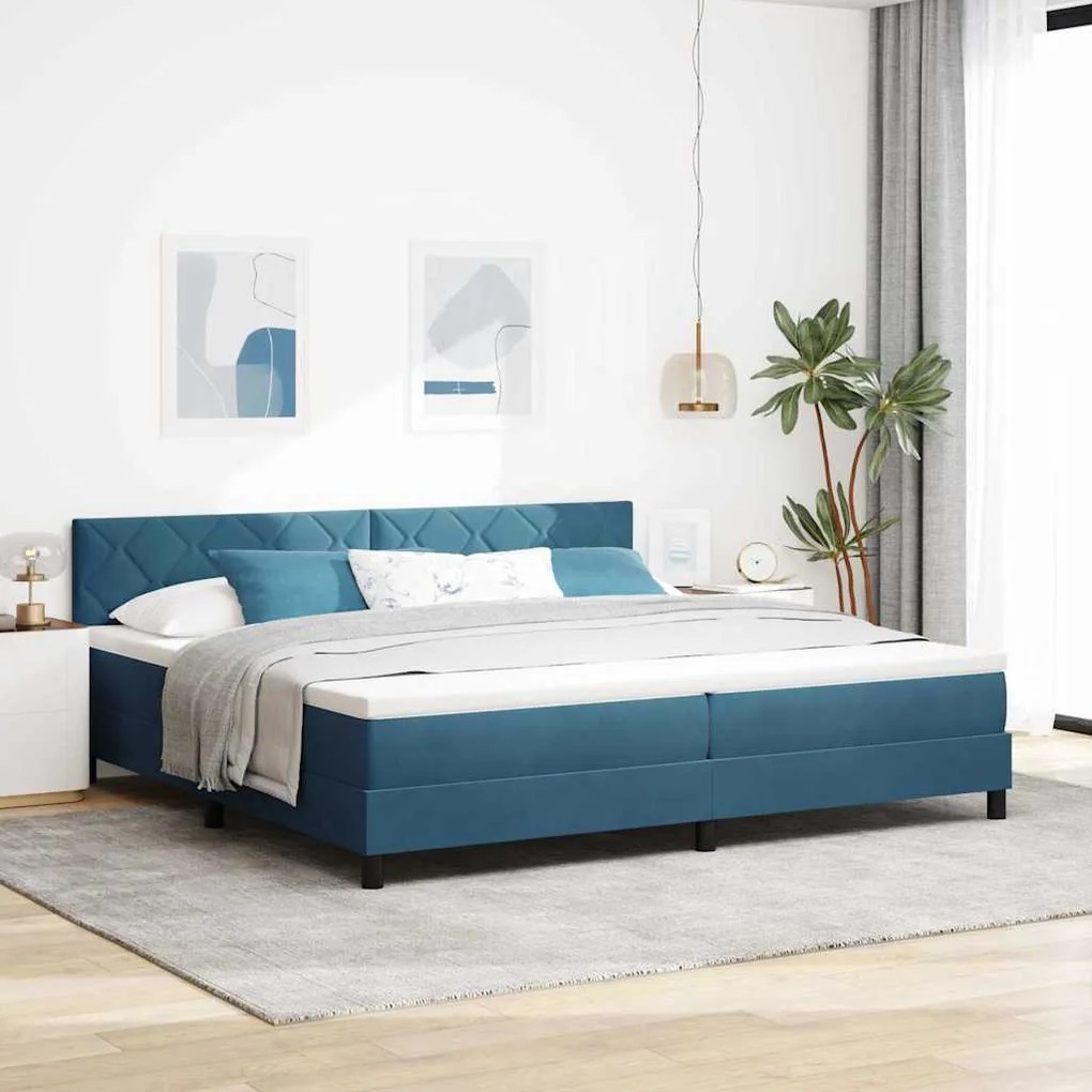 Cama Box Spring vidaXL com Colchão e LED Azul Escuro 200x200 cm Veludo