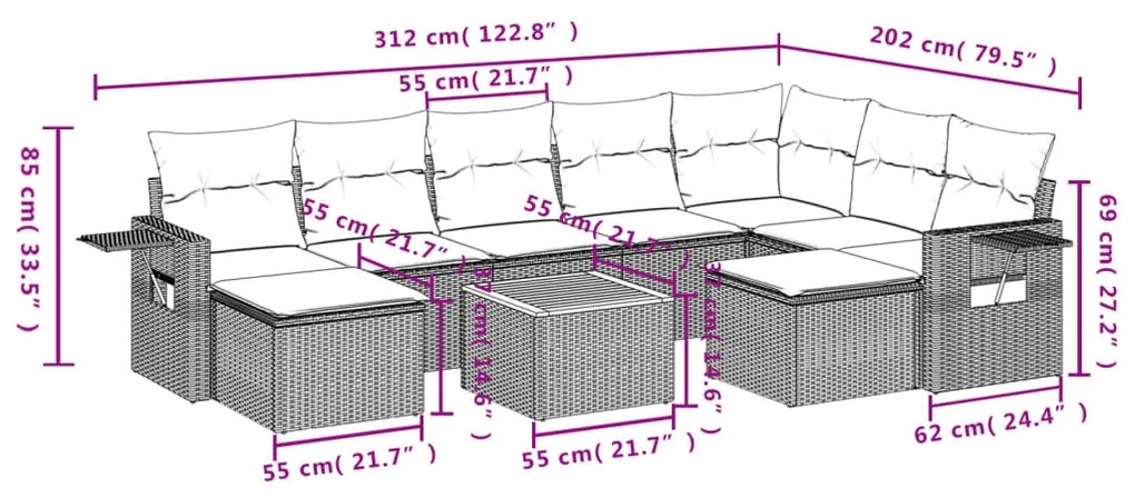 10 pcs conj. sofás jardim c/ almofadões vime PE bege misturado